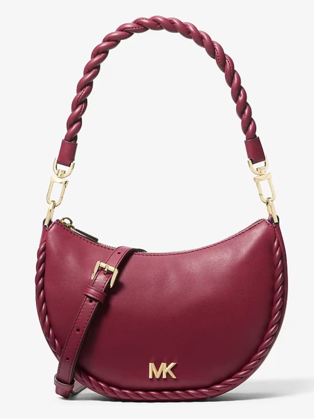 Michael Kors Braided-Handle Crescent Shoulder Bag in Burgundy